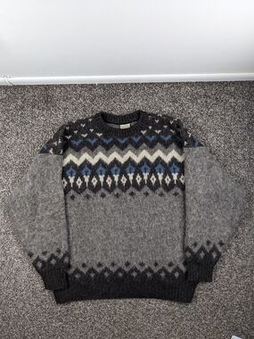 Vintage Hilda LTD Sweater Wool Fair Isle Gray Blue Mens XL Iceland Made